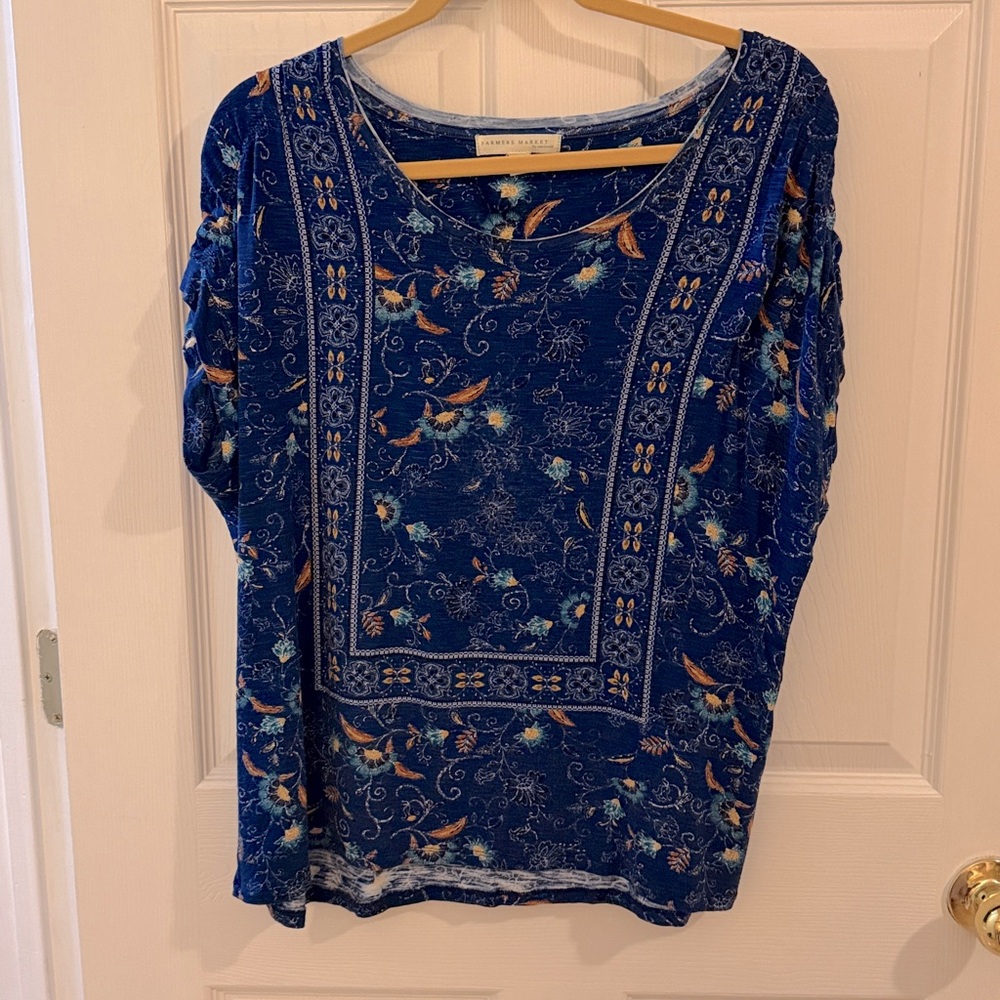Farmers Market Blue Print Short Cap Sleeve Women's Top Size large